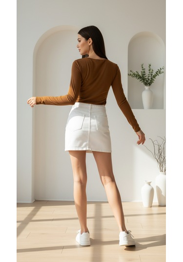Divinus Kadın Slim Fit Pamuklu Uzun Kollu Bodysuit Taba