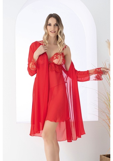 Nbb Kadın Kırmızı Queen Dantel İşlemeli Gecelik Sabahlık Takım Kırmızı
