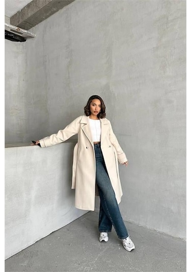 Dip Moda Kadın Astarlı Bej İthal Kaşe Kaban Dpnbg048 Bej