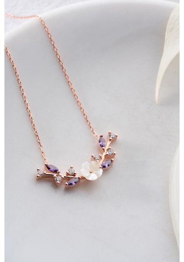 Nereze 925 Ayar Gümüş Mor Taşlı Manolya Çiçeği Zeytin Dalı Model Kolye