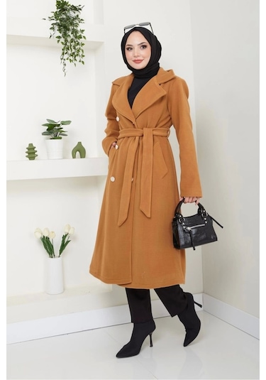Kadın Polar Kaşe Uzun Kaban / M0107 - Camel Kahverengi