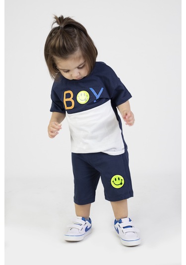 Erkek Bebek Şortlu Kısa Kollu Boys Desen Baskılı Yazlık Basic Alt-üst Takım 6-24 Ay Lacivert