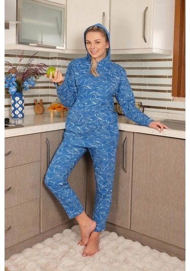 Akbeniz Kadın Pamuk Kapşonlu Cepli 3 İplik Saks Eşofman Takım 9037-saks Saks