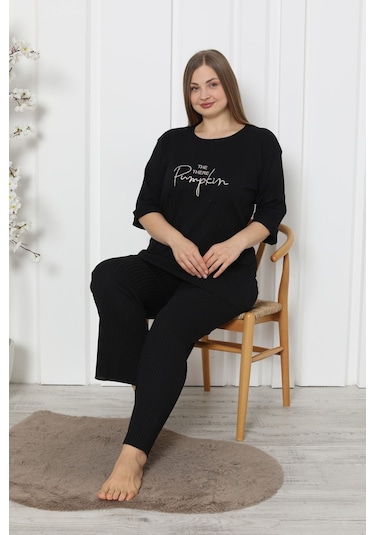 Fames Pijama Fitilli Kaşkorse Pamuklu Ispanyol Paça Yeni Sezon Büyük Beden Ev Giyim Siyah