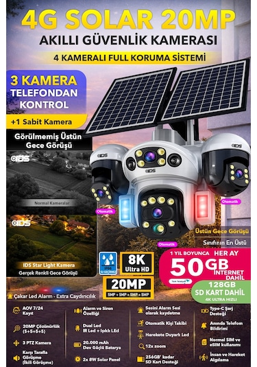 4 Kamera 3 Hareketli 20mp Sım Kartlı Solar 4g Güneş Enerjili Güvenlik Kamerası İnternt Sd Kart Dahil 51214796