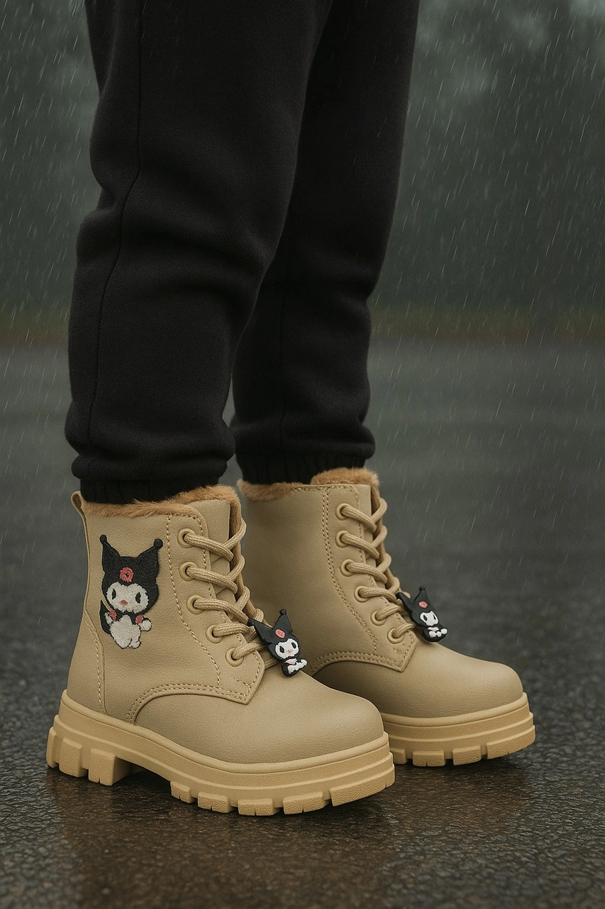 Kız Çocuk Figür Detaylı Fermuarlı Bot Bej