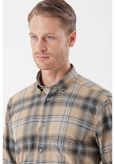 Hardal Uzun Kollu Ekoseli Gabardin Sert Yaka Cepli Garnili Casual Comfort Fit Gömlek 1004235112-hardal Hardal