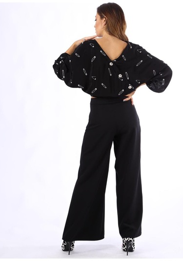 Modatalika Bayan Günlük Çengeli İğne Desenli Siyah Bluz Siyah