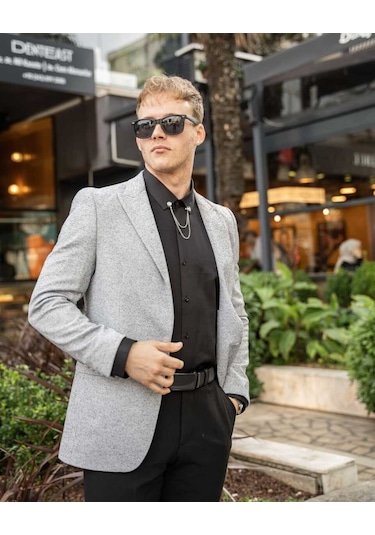 Bys Beystil Sivri Yaka Lacivert Kırçıllı Blazer Ceket Garcia - Slim Fit