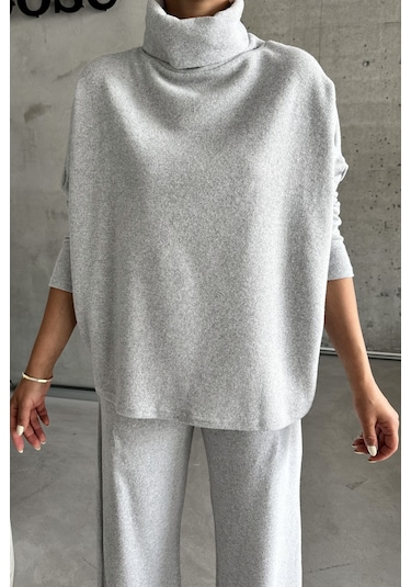 Modagen Kadın Selanik Kumaş Balıkçı Yaka Alt Üst Takım Gri