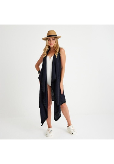 Pamuklu Dokuma Kemerli Püsküllü Plaj Elbisesi - Standart Siyah