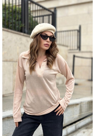 Kadın Bej Basic Stil Polo Yaka Uzun Kollu Keten Bluz Sweatshirt Bej