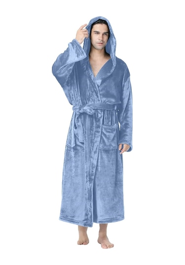 Erkek Sabahlıkları Kapşonlu Sabahlık Erkekler İçin Bornozlar Mavi