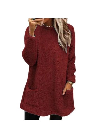 Çift Cepli Bayan Kışlık Sweatshirt Saf Renk Peluş Yuvarlak Yaka Bol Şarap Kırmızısı Bordo