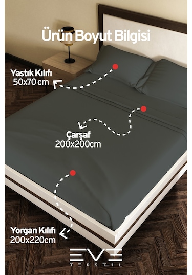 Eve Tekstil %100 Pamuk Ranforce Çarşaflı Yastık Ve Yorgan Kılıflı Çift Kişilik Nevresim Takımı 200x220 Cm Koyu Gri