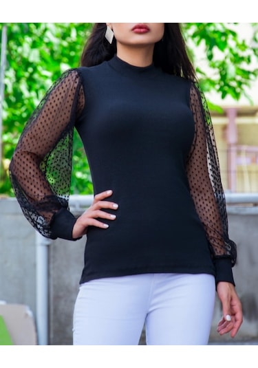 Kadın Siyah Kolu Tül Detaylı Yarım Balıkçı Kaşkorse Bluz Siyah