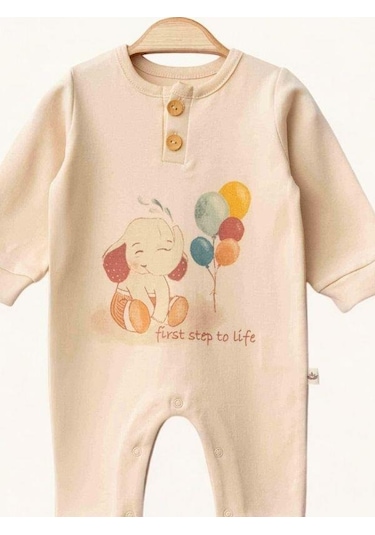 Zekids Bebek Fil Desenli Organik Tulum-15479 Krem
