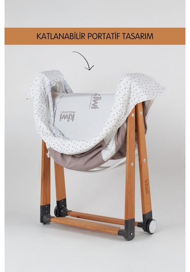 Kiwi Sleeper Anne Yanı Beşik, Portatif, Sallanır, Katlanır, Tekerlekli Bebek Beşiği - Luna Desen Coffe