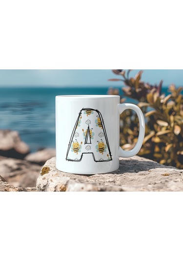 A Harfi Arı Desenli Kupa - Sevimli Hayvan Temalı Kişiye Özel Kahve Kupası - Şans Kupası Beyaz