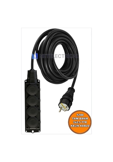 Kauçuk 4'lü Topraklı Grup Priz Uzatma Kablosu 14 Metre 3x2.5 Mm² Ttr Kalın Siyah Kablolu 14 Metre