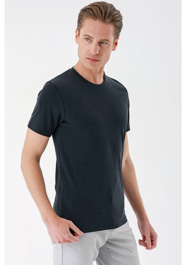 Slim Fit Bisiklet Yaka Pamuklu Siyah Tişört Ts 880 Siyah