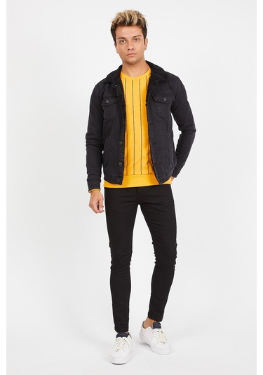 Erkek Siyah Kürklü Füme Renk Eskitmeli Slim Fit Kot Ceket Füme