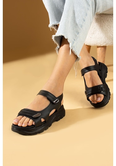 Shoetek Ksenia Kadın Sandalet Bantlı Siyah Deri Siyah