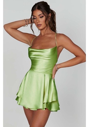 Yaz Kadın Elbise Kısa Seksi İnce İnce Sırtı Açık Düz Renk Askılı Elbiseler Parlak Yeşil