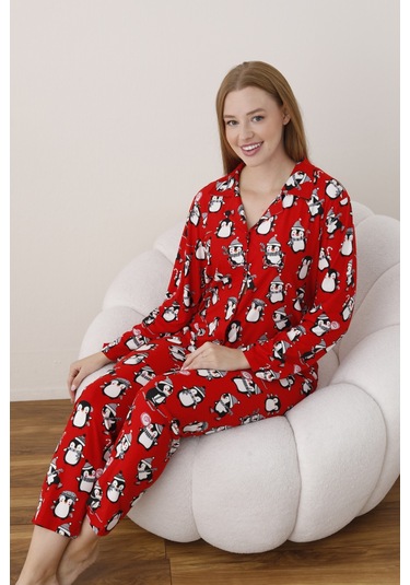 Kadın Önden Düğmeli Gömlek Yaka Suet Kumaş Pijama Takımı Kırmızı