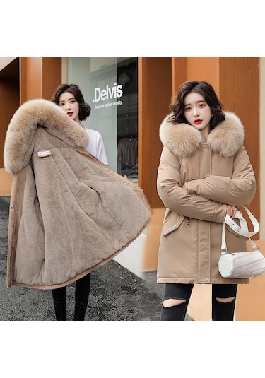 Snapbuy Kalın, Yumuşak Dolgulu, Midi Boy, Kapüşonlu, Kürk Detaylı Kadın Mont Koyu Bej