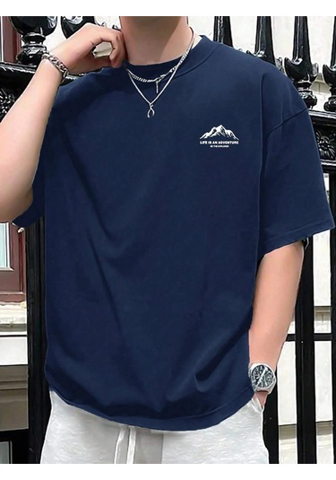 Guılanerkek Yazlık %100 Pamuk Rahat Gevşek Mektup Dağ Baskılı Kısa Kollu Tişörtmavi Mavi