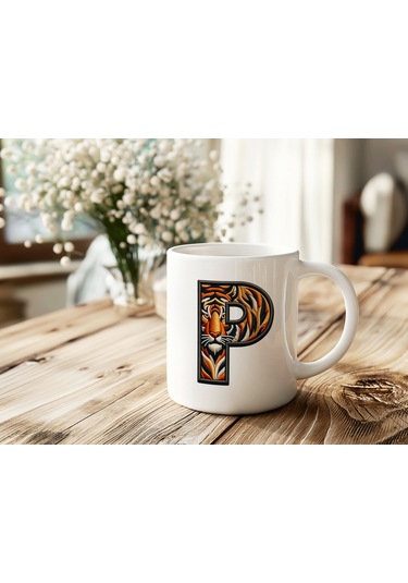 P Harfi Kaplan Figürlü Nakış Desenli Kupa Bardak - Kişiye Özel Vahşi Hayvan Desenli Kupa - Hediye Beyaz