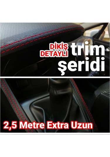 Araç Içi Kırmızı Dikiş Detaylı Kendinden Yapışkanlı Deri Trim Şerit 2,5 Metre