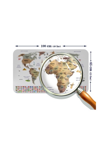Türkçe Ülke Bayrak Lı Eğitici Başkent Detaylı Atlası Dünya Haritası Duvar Sticker -60x105-3862 - Renkli Çok Renkli