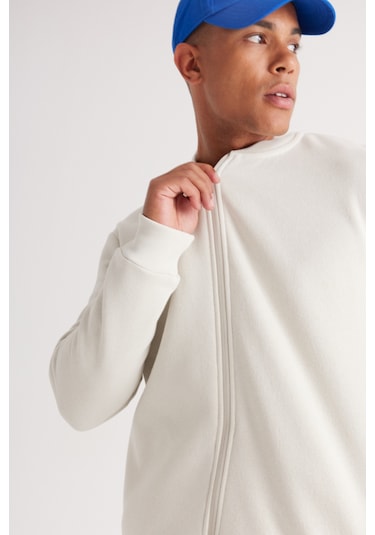 AC&Co / Altınyıldız Classics Erkek Bej Standart Fit Normal Kesim İçi Polarlı Kolej Yaka Pamuklu  Sweatshirt Ceket Bej