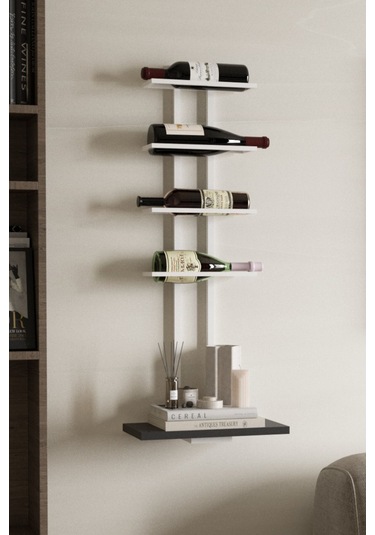 Aju Şaraplık Ve Kadeh Rafı Duvara Monte Şarap Mahzeni Modern Duvar Alkol Rafı Metal Ve Ahşap Tasarım Beyaz