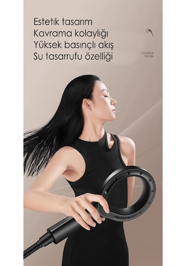 Kustar Super Sonic Su Tasarruflu Siyah Turbo Jet Banyo Duş Başlığı El Duşu Siyah