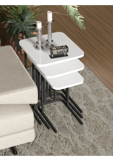 Zigon Sehpa Metal Ayak 3'lü Koltuk Yan Sehpa Zino Beyaz Beyaz