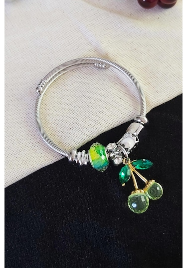 Caisya Yeşil Kiraz Charmlı Çelik Bileklik Silver