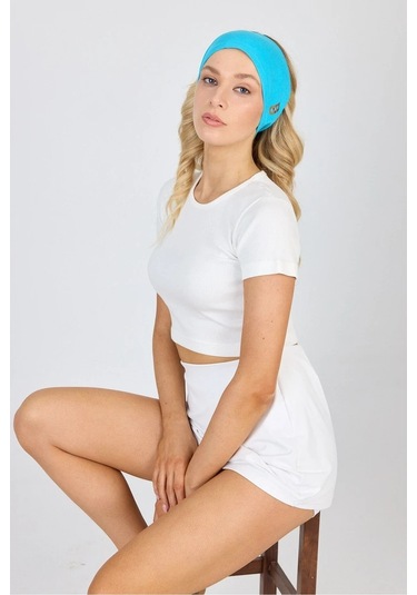 Beyaz Kısa Kol Bisiklet Yaka Vücuda Oturan Kaşkorse Crop + Bandana Set %100 Pamumklu, Esnek Rahat Aqua