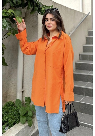 Kadın Turuncu Terikoton Kumaş, Yırtmaçlı, Rahat Uzun Gömlek Turuncu