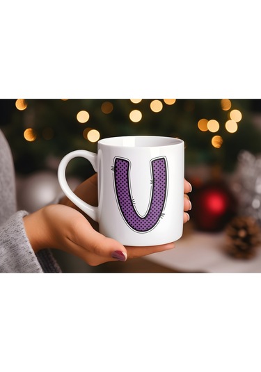 U Harfi Mor Puantiyeli Kupa Bardak - Polka Dot Tasarım Kahve Çay Bardak - Kişiye Özel Hediyelik Beyaz