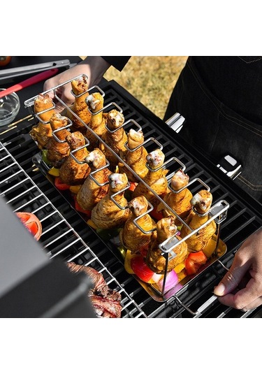 Didadodo 14 Yuvalı Mangal Tavuk Kanat Askısı - Katlanabilir, Drip Tepsili Pratik Tasarım