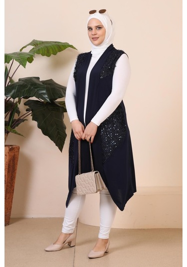 Kadın Buyuk Beden Pulpayetli Siyah Yelek Uzun 001