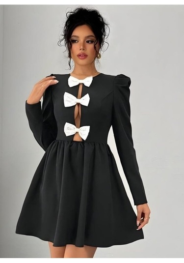 Tua Moda Kadın Dalgıç Kumaş Fiyonk Detaylı Uzun Kollu Mini Boy Elbise Siyah