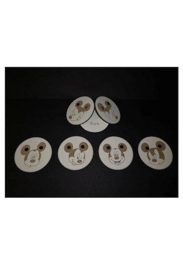 Ahşap Bardak Altlığı Miki Mouse Dekoratif Silinebilir 6'lı Set Beyaz