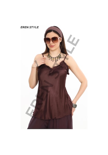 Bohem Stil Italyan Korse Belli Astarlı İpek Pantolon -9655 Mürdüm