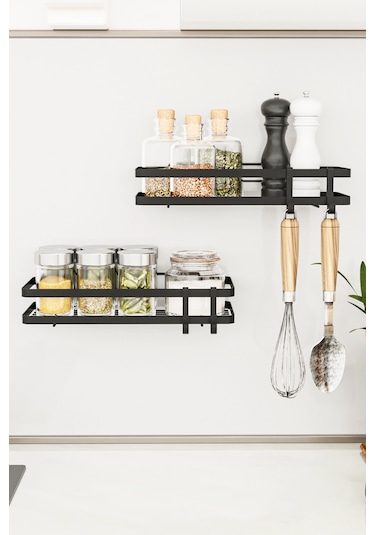 Bino Mutfak Rafı 2'li Set Yapışkanlı Lüks Modern Siyah Metal Baharatlık Rafı Organizer Düzenleyici Siyah