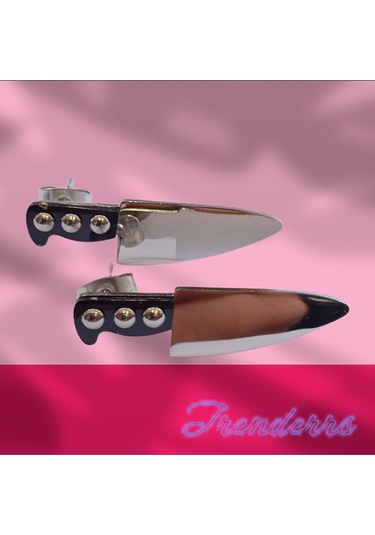 Tezzgelsin Unisex Hipoalerjenik Master Chef Bıçak Model Paslanmaz Çelik Küpe Siyah - Beyaz