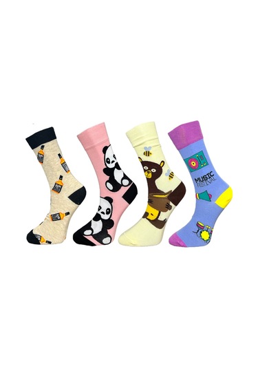 4'lü Unısex Panda, Ayı, Müzik Ve İçki Temalı Esnek Nem Alabilen Pamuklu Spor Soket Çoraplar Çok Renkli